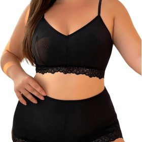 Women Plus Size Contrast Lace Sexy Lingerie Set V Neck Wireless Bra and High Waist Panty 2 Piece Set