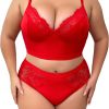 Women Plus Size 2 Piece Lingerie Set Floral Sexy Mesh Sheer V Neck 3/4 Cup Lace Outfits See Through Panty Bra