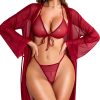 Women Sexy Lingerie Set - 3 Piece Bra and Panty Sets with Lace Kimono Robe Sheer Sleepwear Mesh Nightgown