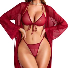 Women Sexy Lingerie Set - 3 Piece Bra and Panty Sets with Lace Kimono Robe Sheer Sleepwear Mesh Nightgown