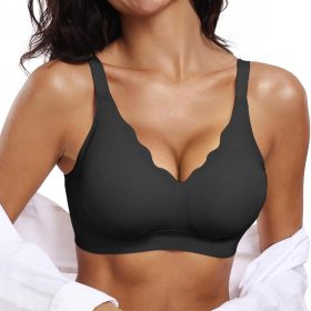 Womens Comfortable Wireless Bras Push Up Seamless  Soft V Neck  Scalloped Full Coverage Everyday Bra
